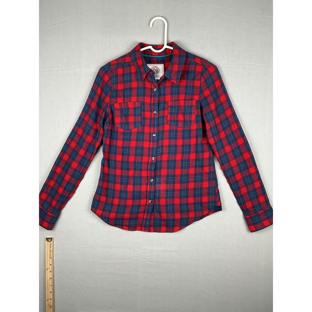 SO Authentic Red Blue Plaid Flannel Button Up Shirt Medium Soft Grunge